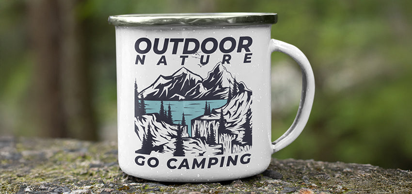 Outdoor coffee mug featuring mountain and river design, perfect for camping and nostalgia-filled moments
