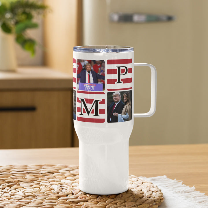 Funny Coffee Mug | President Donald Trump American Flag Tumbler: Travel mug with a handle | Funny Mugger