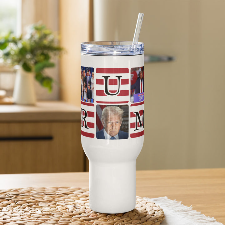 Funny Coffee Mug | President Donald Trump American Flag Tumbler: Travel mug with a handle | Funny Mugger