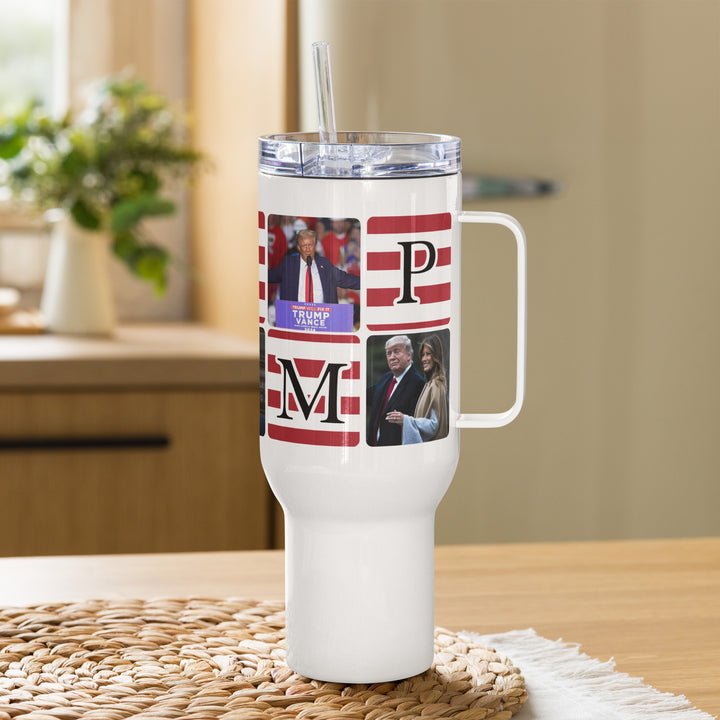 Funny Coffee Mug | President Donald Trump American Flag Tumbler: Travel mug with a handle | Funny Mugger