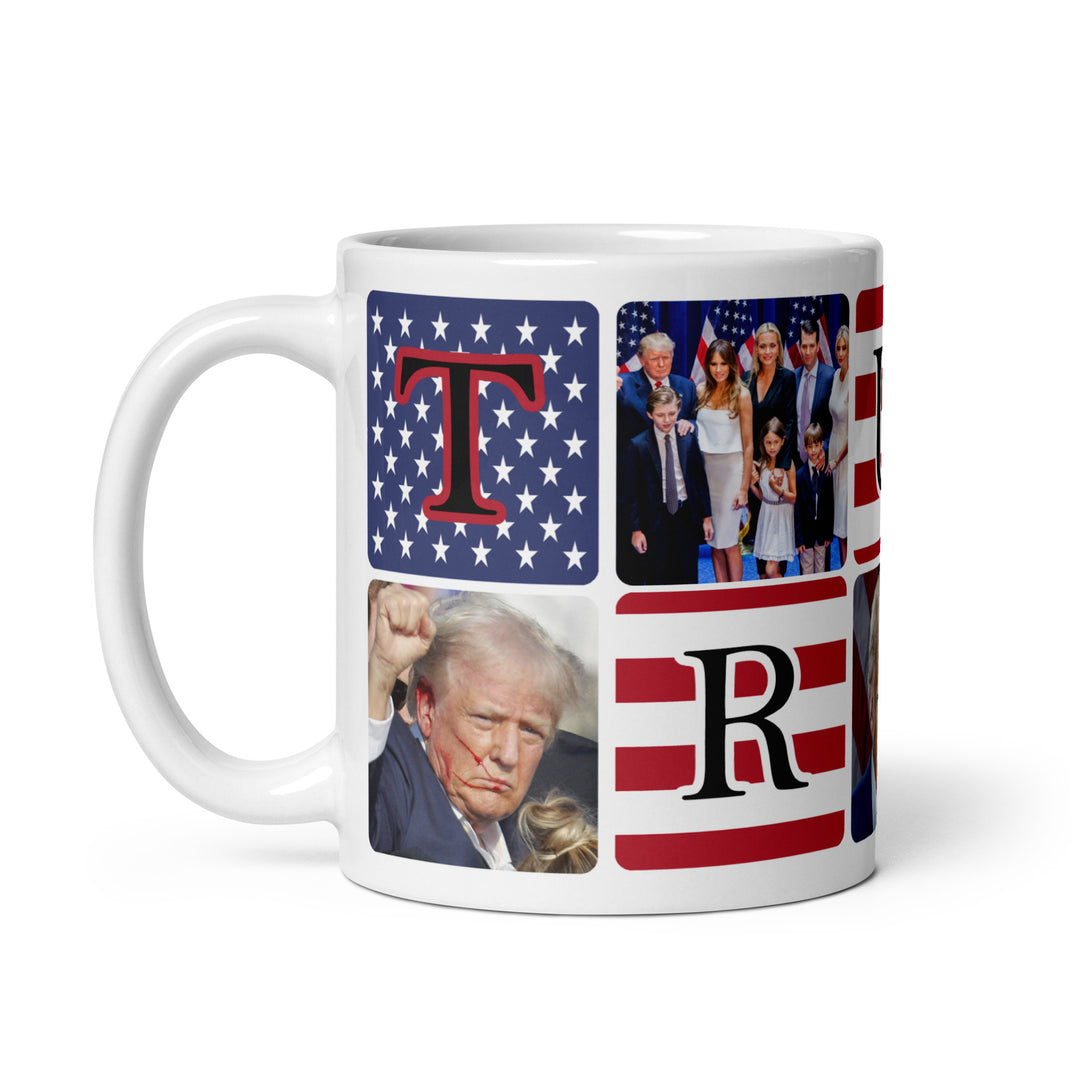President Donald Trump American Flag White glossy mug Funny Coffee Mug | Funny Mugger